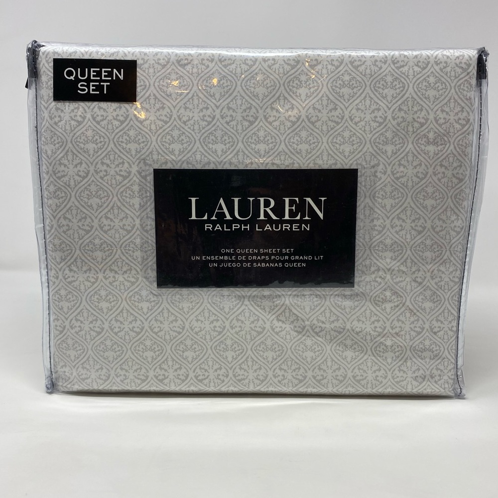 NEW Ralph Lauren Queen Sheet Set Gray White Medallion 100% Cotton